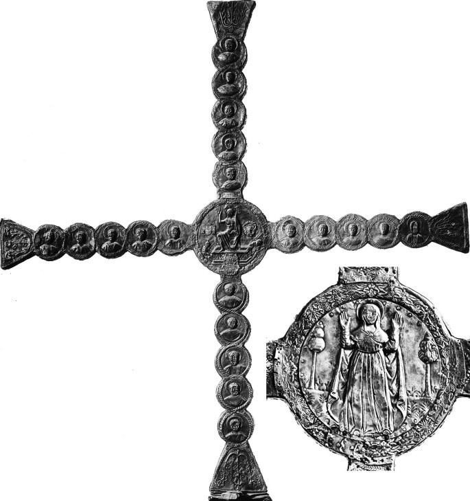 A photo of the processional cross depicts Mary at the center, archangels at the ends, and a portrait of the female saints below Mary. A magnified view has an illustration of Mary with arms raised.