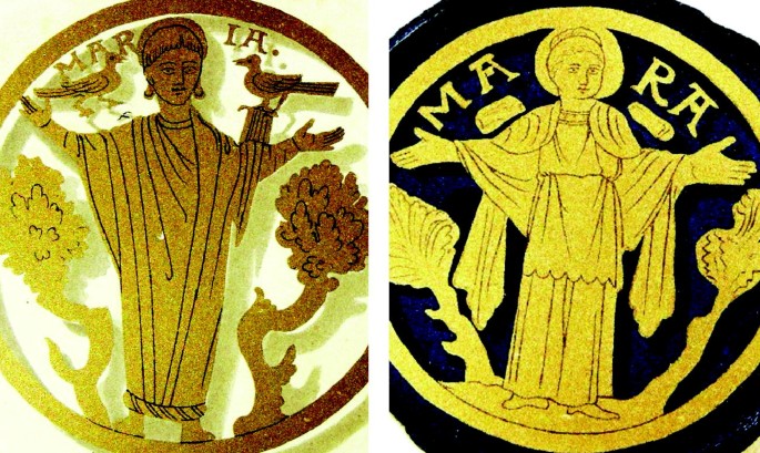 Two photos of mosaics of Mary with a halo and arms raised. The text on the left reads MARIA and on the right is MARA.