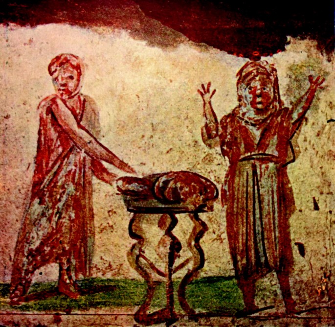 An illustration of ancient art. Fish and bread are kept on the table. On the left and right are the man and a woman.