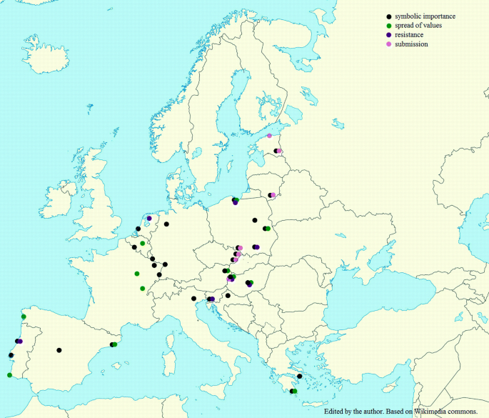 A map of Europe that marks the areas of symbolic importance, spread of values, resistance, and submission.