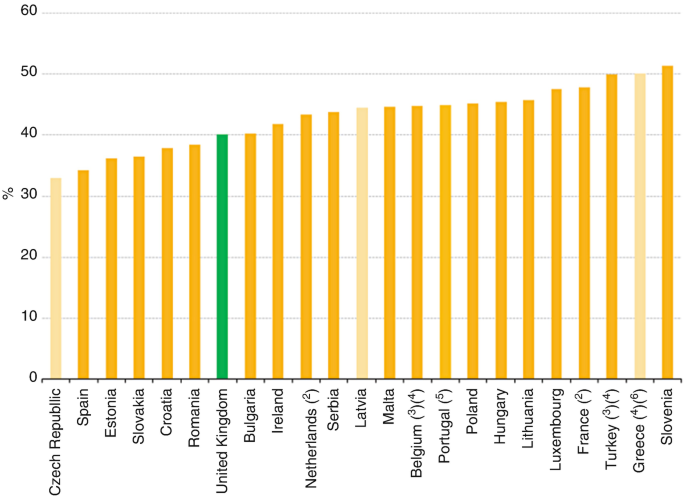 A vertical bar graph depicts the percentage of minimum wages in 23 countries in 2014. The percentage was high for Slovenia and low for the Czech Republic.