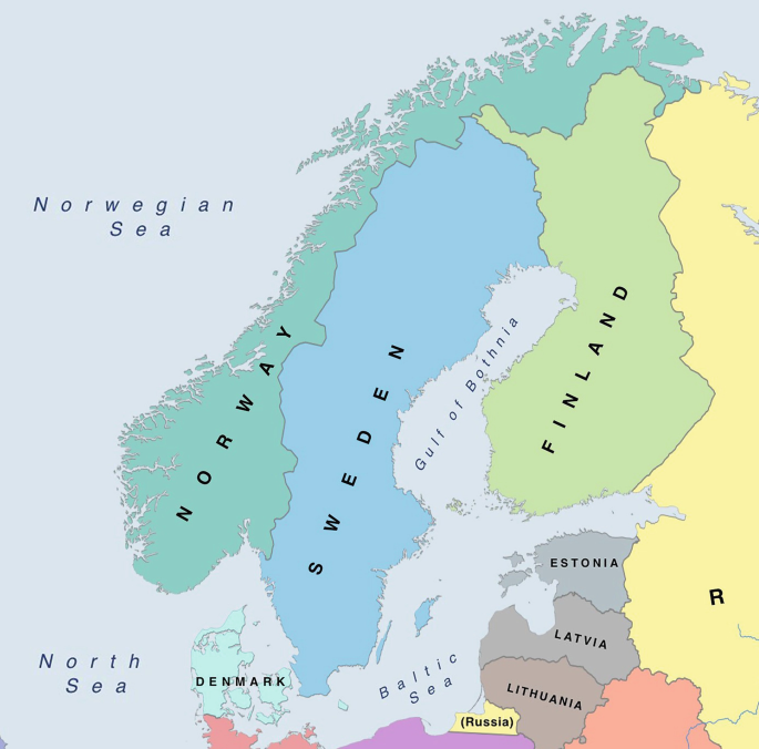 A map of Nordic countries consists of the following labels, Norway, Sweden, Finland, Denmark, Estonia, Latvia, Lithuania, Gulf of Bothnia, Baltic sea, North sea, and Norwegian sea.