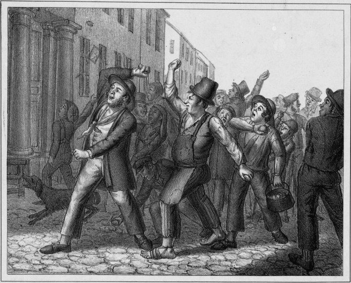 An old image demonstrates the portrayal of the attack on the city hall in Sweden. In it, people stand before a building with their hands raised in protest. It illustrates the violent disturbances of the Rabulists in the summer of 1838.