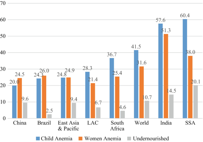 A combined bar graph compares the share of malnutrition in China, Brazil, East Asia and Pacific, South Africa, World, and India, displaying child anaemia, women anaemia, and undernourished.