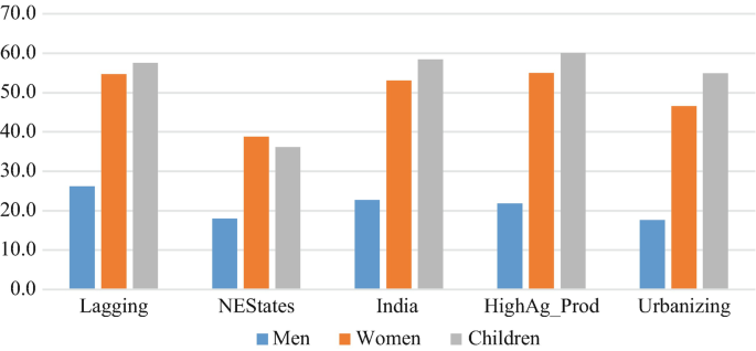A stacked bar graph indicates the intra-household burden of anemia in men, women, and children by state classification: Lagging, North Eastern States, India, HighAg. Prod, and Urbanizing.