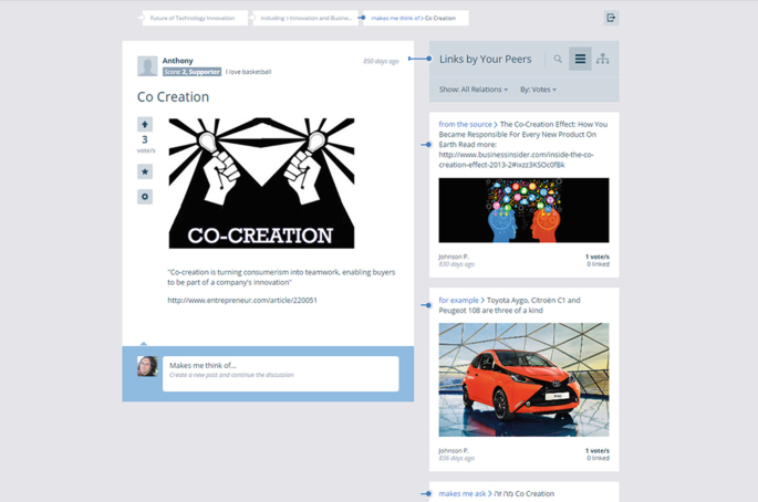 The screenshot of Ligilo. On the left is a picture of co-creation, and on the right are links by your peers with a picture of two minds and a picture of an automobile.