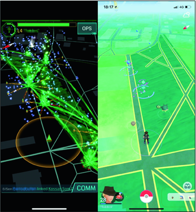 Screenshots of Pokemon Go: Player located on a map using geolocation