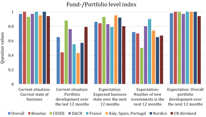 A multiple-bar graph of the fund or portfolio level index from overall to United Kingdom and Ireland depicts higher values in expectation: overall portfolio development over the next 12 months, and lower values in current situation: portfolio development over the last 12 months.