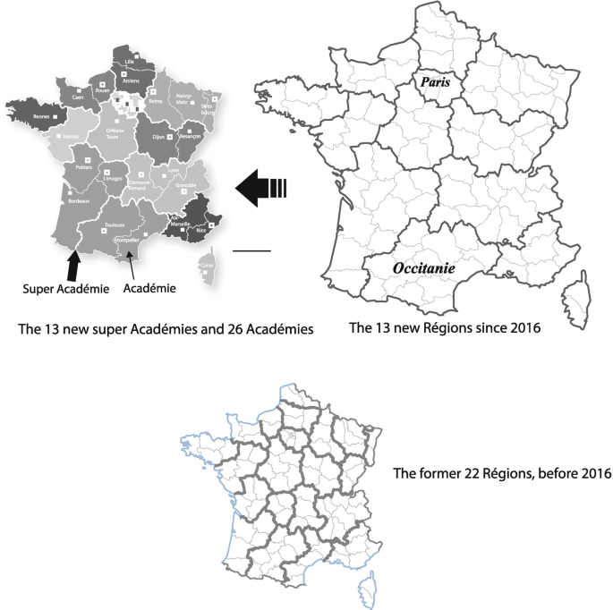 Three maps of France demarcate the 13 new Super Académies and 26 Académies, the 13 new Régions since 2016, and the former 22 Régions before 2016.