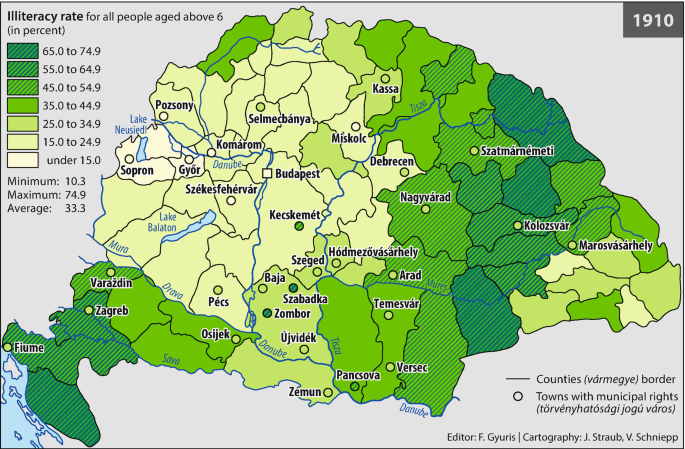 A map of Hungarian empire in 1910 depicts illiteracy rate for all people aged above 6 in different countries. The rate was low in western regions, and high in eastern and southern regions.