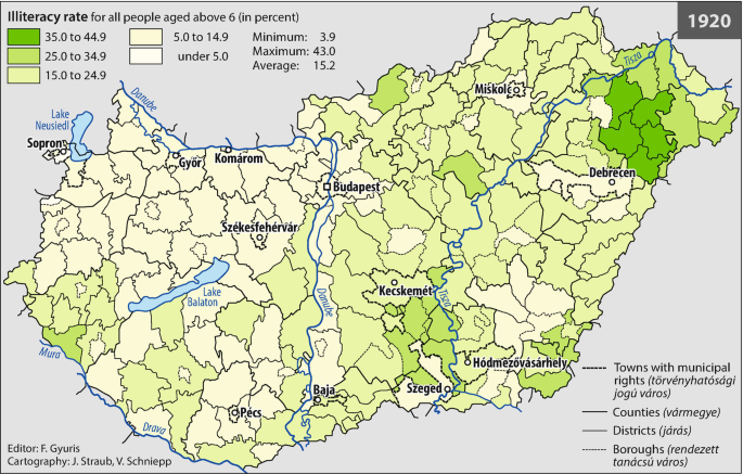 A map of Hungarian empire in 1920 depicts illiteracy rate for all people aged above 6 in different districts. The rate was low in western regions, and comparatively high in eastern and southern regions.