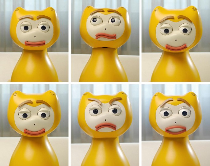 A set of six photographs of a toy-like robot with different facial expressions.