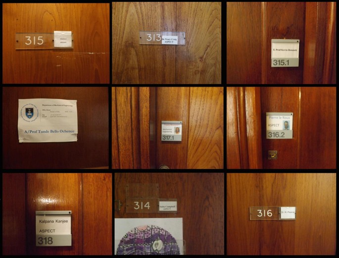 Nine photos of different nameplates with names of lecturers or professors and numbers on the doors.