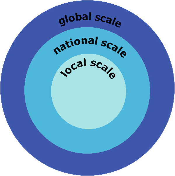 3 concentric circles depict the three scales of action namely the global scale, the national scale, and the local scale.