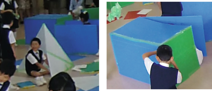 A set of 2 photographs shows school kids constructing pyramids and cuboids.