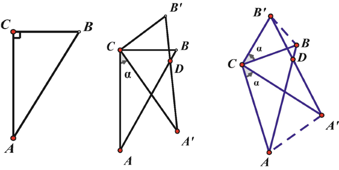 A set of 3 triangles. 1, Right triangle with angle C = 90 degrees. 2, Right triangle with angle C = 90 degrees divided into 2 by A dash C B dash. 3, ABC triangle extended to different triangles.