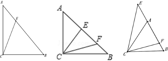 A set of 3 triangles. 1, Right Triangle ACB with attitude CE on AB. 2, Right Triangle ACB with attitude CE and EF on AB. 3, Triangle ECB with attitude CA and CF.