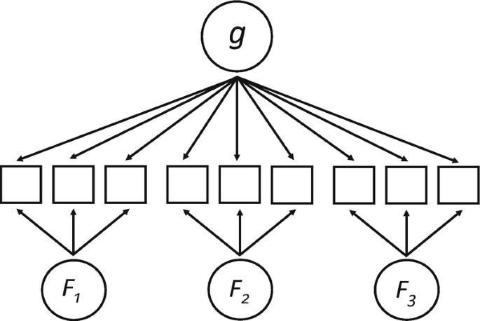 A schematic diagram depicts bi-factor model. It finds g on top. Circles indicate latent factors, and boxes test-specific variations. Each arrow indicates different contribution to test-specific variance.