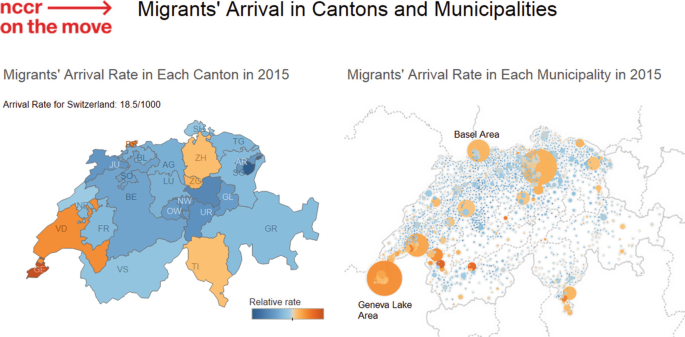 A map of Switzerland with migrants' arrival rate in each canton in 2015, and migrants' arrival rate in each municipality in 2015.