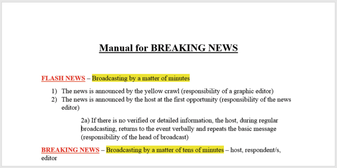 A manual titled, manual for breaking news. It includes flash news, broadcasting in matter of minutes with 2 points. Breaking news broadcasted is in matter of ten minutes by the host and respondents.