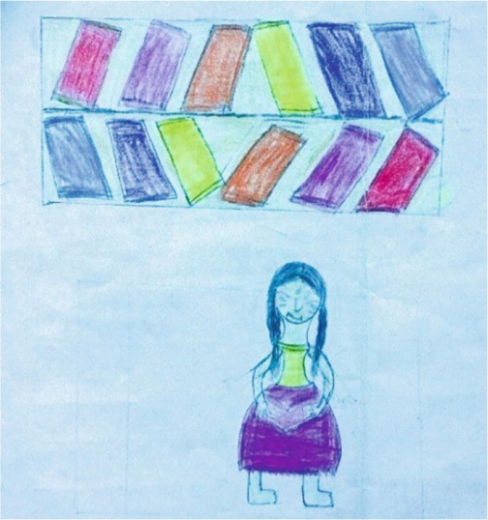A drawing illustrates a small girl reading a book. Above her, there are books arranged on two shelves.