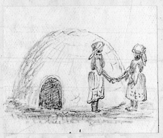 A pencil sketch of two women holding hands beside an igloo. The women have clothes wrapped around their heads.