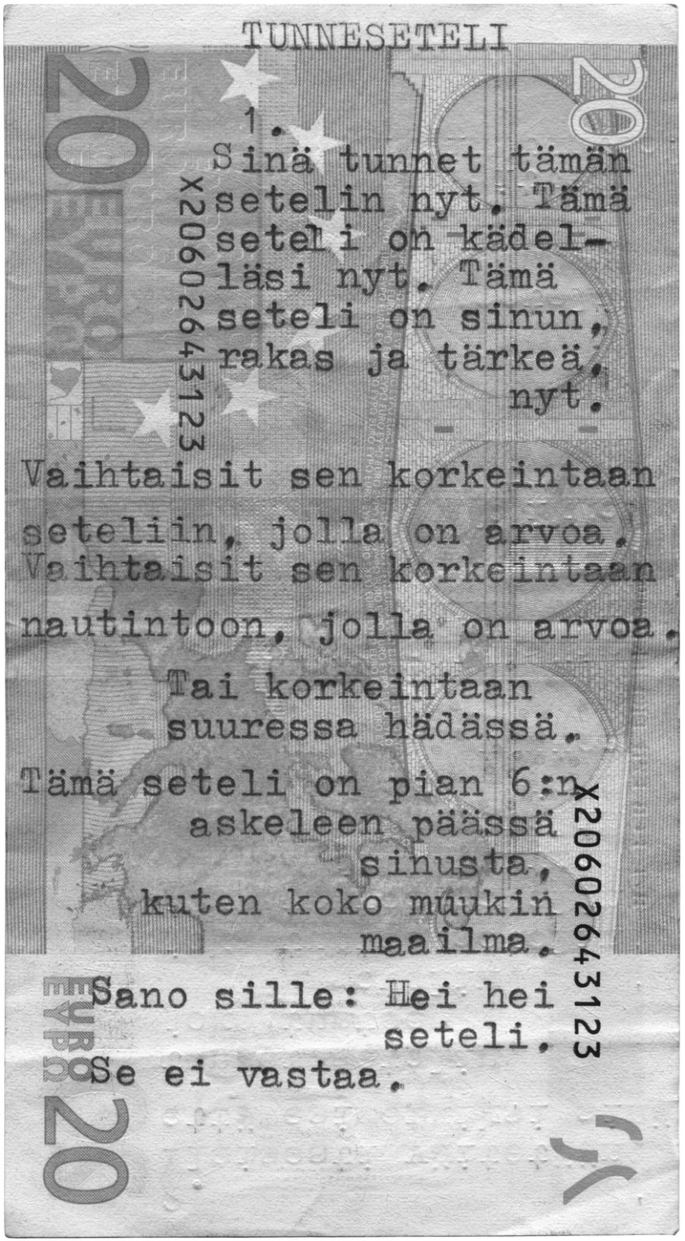 An image of Santanen's poem printed on a 20 Euro note.