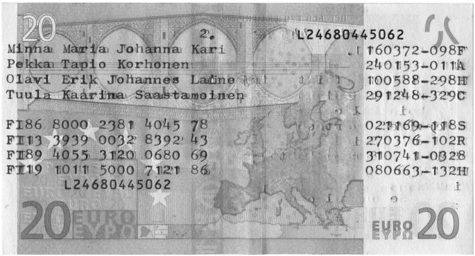 An image of Santanen's poem was published on a 20 Euro note.