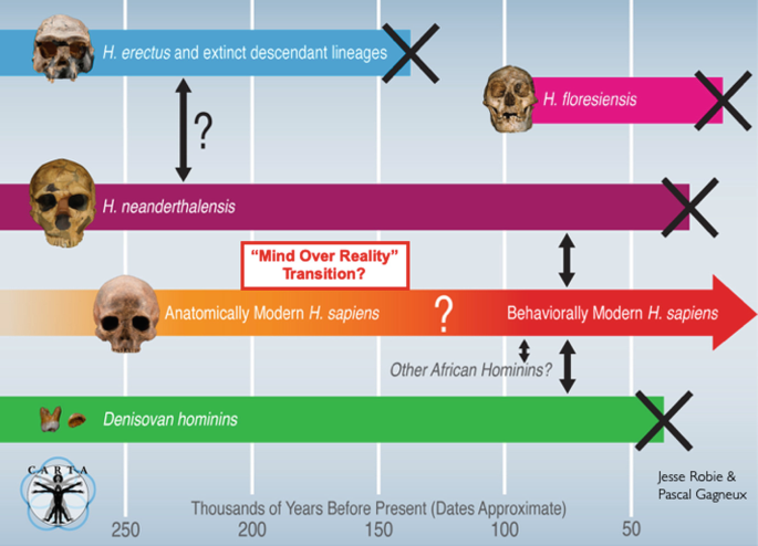 The illustration for the possible timing of the proposed mind over reality transition in relation to the origin of modern humans. Behaviorally modern is Homo sapiens, and this is on a question of mind over reality transition.