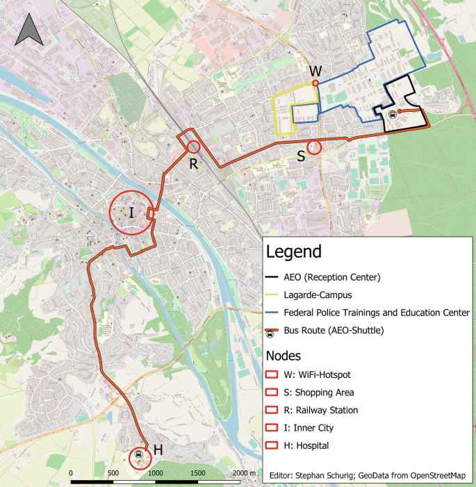 A plan overview map of Bamberg represents the location of A E O. The legend for A E O, Lagarde-campus, Federal police trainings, and education center, Bus route, and Nodes: W: Wi-Fi hotspot, S: Shopping area, R: Railway station, I: Inner city, H: Hospital are displayed on the bottom right.