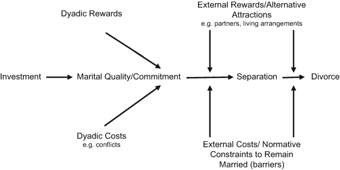A model diagram illustrates marital instability. It includes investment, marital quality, or commitment, which is affected by dyadic rewards and costs and causes separation, and divorces, which in turn are influenced by external rewards, costs and constrain the desire to remain married.