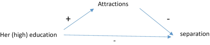 A cyclic diagram illustrating Levinger’s attractions. It includes the fact that higher education is directly linked to separation and is also linked via attraction.