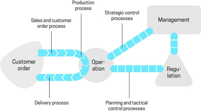 A model diagram presents the processes between management, regulation, operation, and customer order. It includes strategic control, planning and tactical control, production, sales and customer order, and delivery processes.