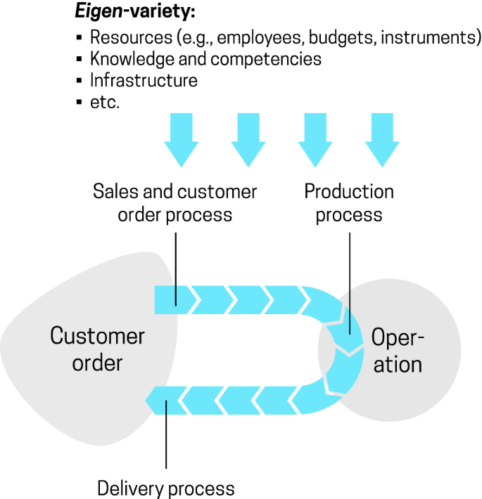A model diagram with eigen-variety presents the processes between operation and customer order. It includes the production process, sales and customer processes, and delivery processes.
