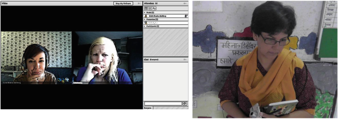 The left image depicts two females in a video conference. The right photo is of a female researcher looking down while holding a notebook, a pen, and a camera in her hand.