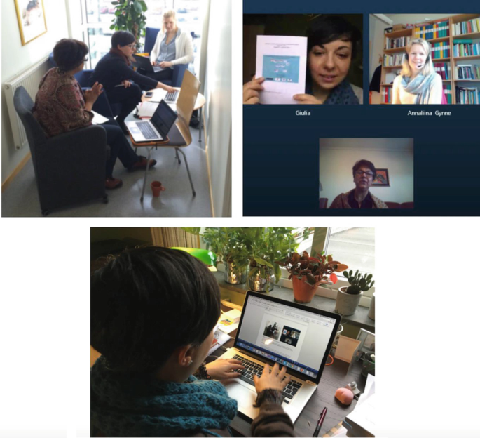 Three photographs of 3 female researchers doing different research processes. The first photo depicts the researchers in a discussion together, the second illustrates the researchers in a video conference, and the third photo exhibits a female researcher contributing individually by writing the research on a laptop at her desk.