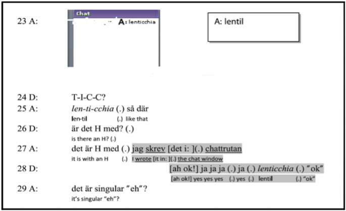An image of the transcription system in project C I N L E utilizes the embedded screenshots for representing a turn-at-talk. The highlighted words in the transcript are in a foreign language.