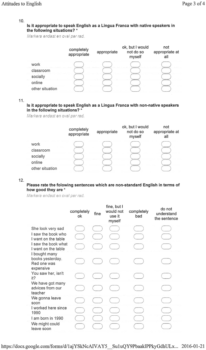 Attitudes to English questionnaire. The tenth to twelfth questions are, is it appropriate to speak English as a Lingua Franca with native and non-native speakers in different given situations, and rate the non-standard English in terms of how good they are, come with a scale from completely appropriate or completely okay to not appropriate at all or do not understand the sentence.