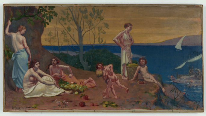 A sketch of Pleasant Land by Pierre Puvis de Chavannes represents a group of people and their children on a riverside area surrounded by trees.