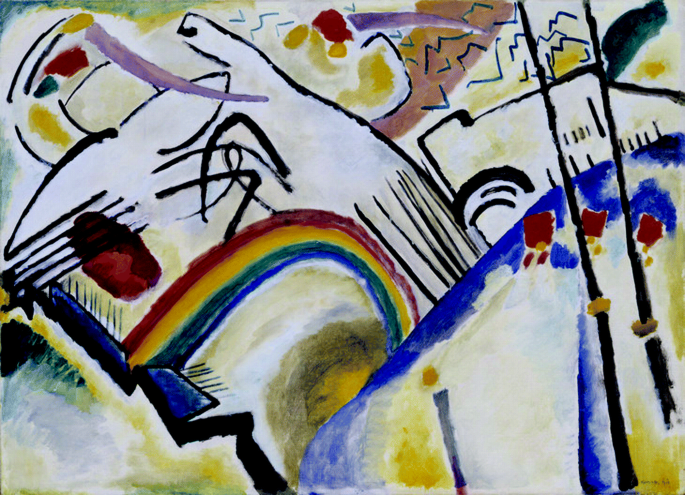 A rainbow, birds, three cavalrymen in the right foreground, sharp mountain forms, and simplified colors and shapes are all present in Wassily Kandinsky's sketch of Cossacks.