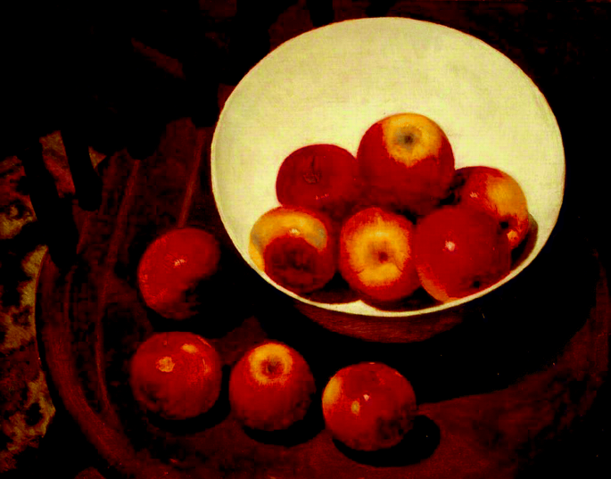 A few apples are depicted in a painting both inside and outside of a bowl.