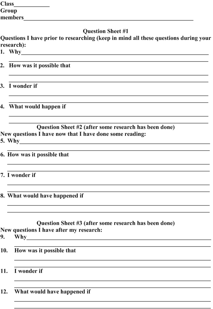 A page has self-assessment questions for students. It has fields for class and group members. 12 questions are given according to their prior experience in research.