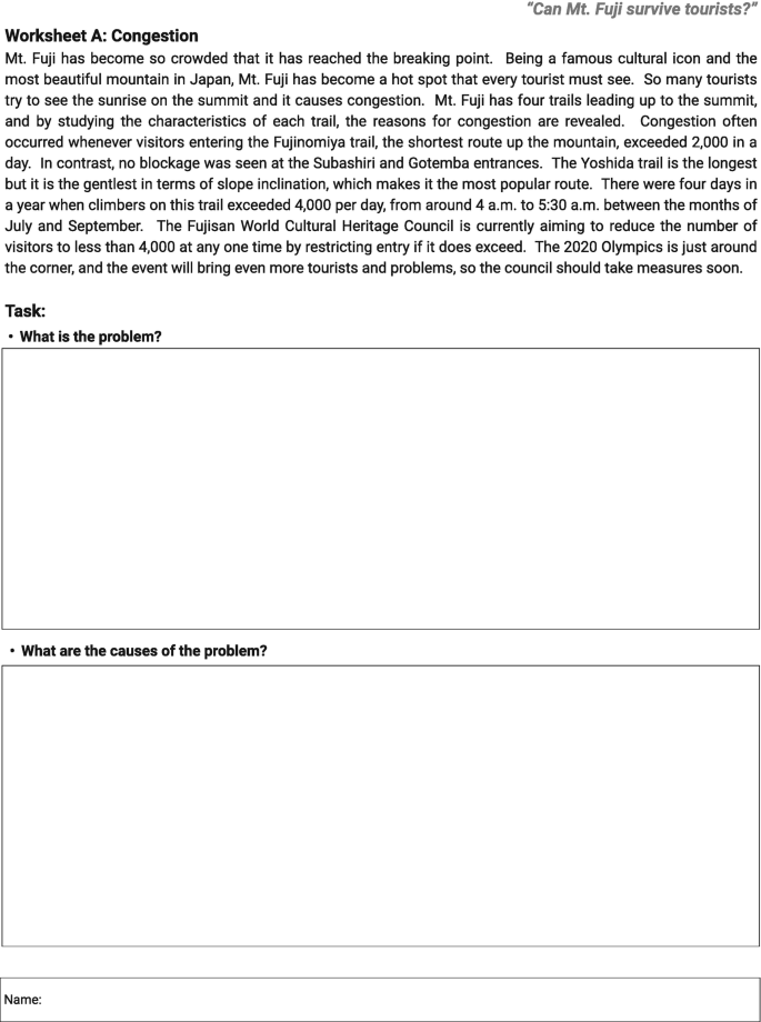 Worksheet 1 of the Can Mt. Fuji Survive Tourists section covers the subject of Mount Fuji's ability to withstand tourists and poses relevant queries under the task category, followed by a field for the name of the student to fill.