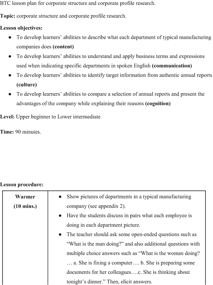 A screenshot of a topic corporate structure and corporate profile research with their lesson objective, level, time of 90 minutes, and lesson procedure.