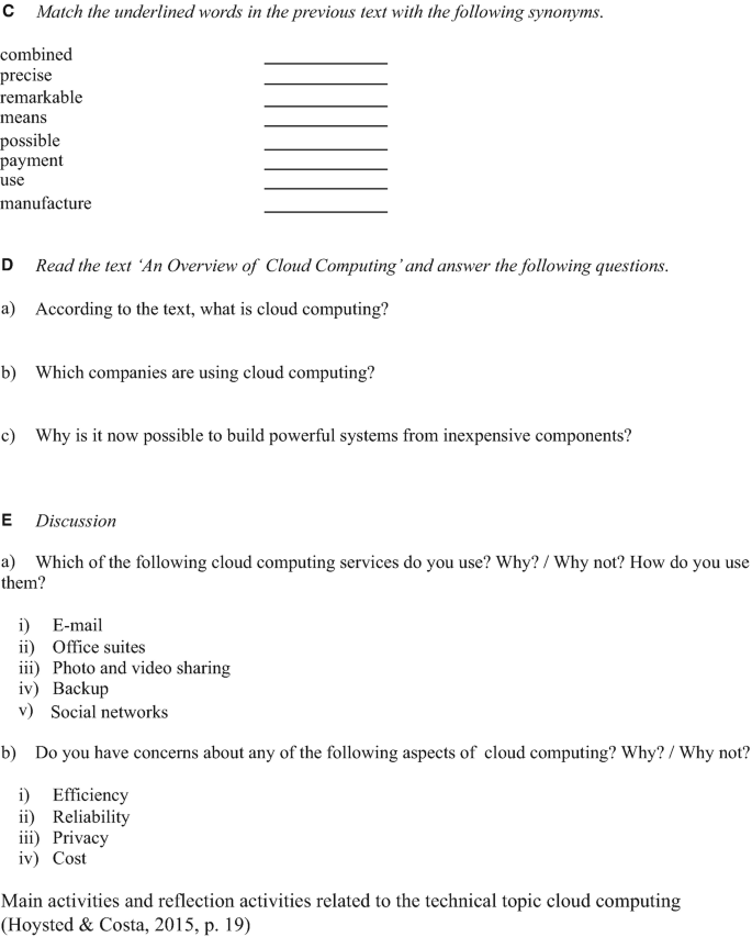 A screenshot displays 3 parts of questions. They are labeled as matching the underlined words, reading the text and answering the following, and discussion.