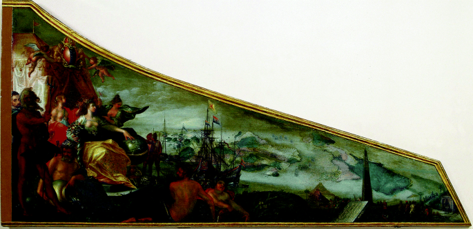A photograph of a painted harpsichord lid. It is an allegory of Amsterdam as the center of world trade and presents Amsterdam as an empress seated high, dressed in classical Roman style.