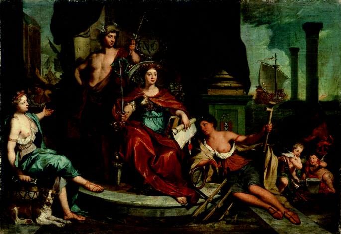 A painting by Nicolaas Verkolje, the Apotheosis of the Dutch East India Company, is an allegory of the Amsterdam Chamber of Commerce of the V O C and has a woman in armor seated on a throne holding a scroll in her hand. The background depicts a ship sailing.
