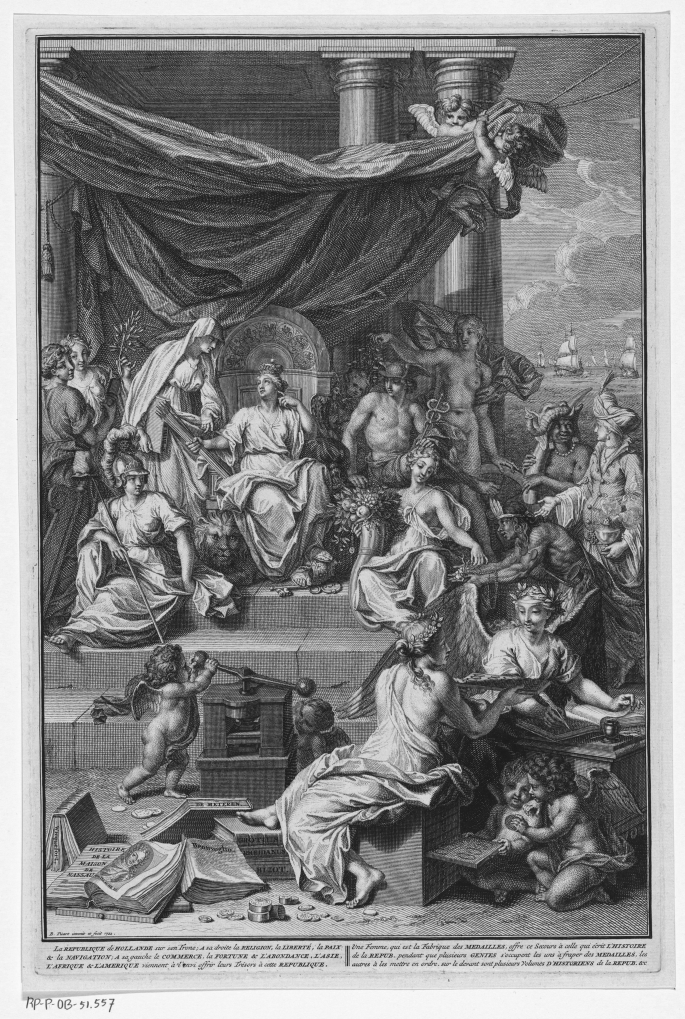 A frontispiece by Bernard Picart has a woman with a crown seated on the throne with a lion next to her and surrounded by the personifications of Religion, Liberty, Peace, Navigation, Trade, Fortune, and Abundance. The background depicts a sailing ship.
