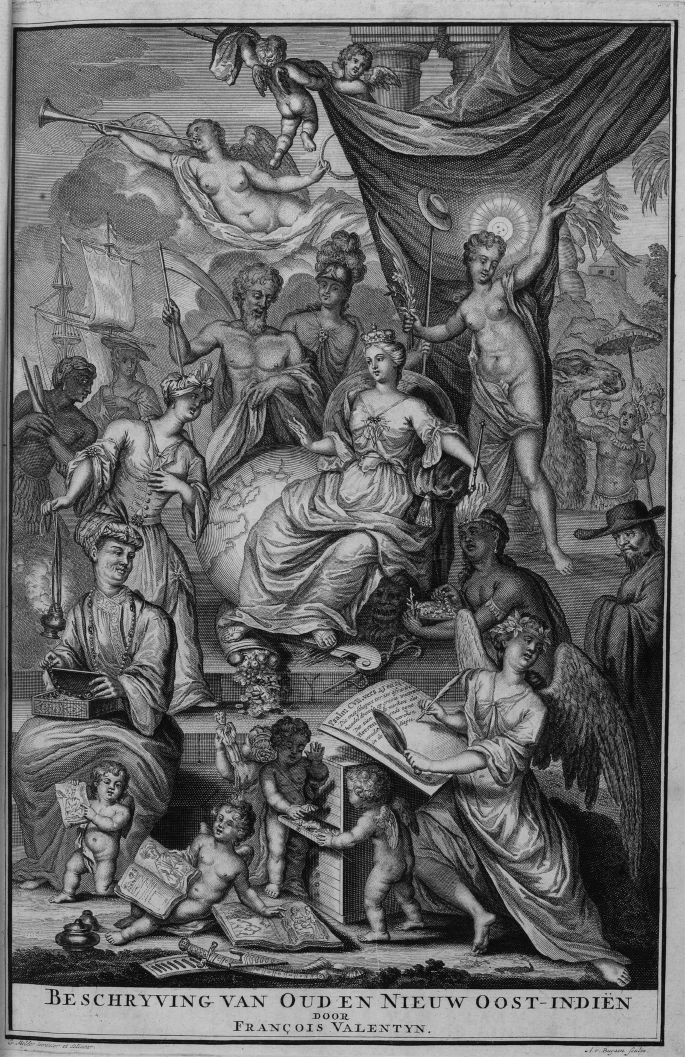 A frontispiece designed by Gerard Melder has a woman seated on a throne wearing a crown and surrounded by the personifications of Time, Liberty, Truth, Fortune, and others. The acronym V O C is embroidered on her chest.