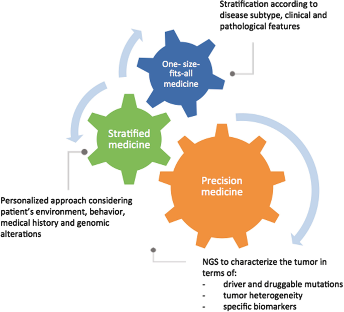 A cyclic diagram for cancer care with one-size-fits-all medicine, stratified medicine and precision medicine. There is an explanation given for each gear label.
